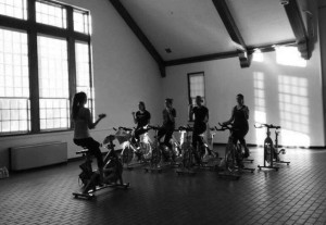 Rosy DePaul instructing one of the first ever Bates spinning classes in Old Commons. TAYLOR BLACKBURN/THE BATES STUDENT