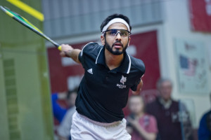 Senior Caran Arora strikes a backhand. (Phyllis Graber Jensen/Bates College)