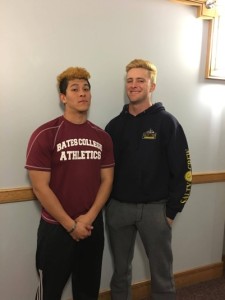 From left to right: Teammates Berto Diaz ‘16 and Connor Speed ‘18 display their unique blonde look. (John Neufeld/The Bates Student)